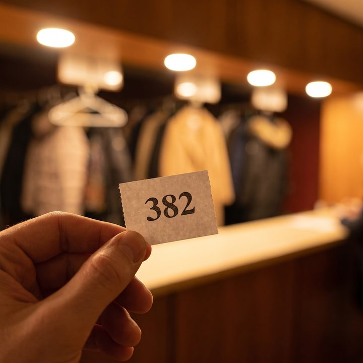 A hand holding coat check ticket number 382