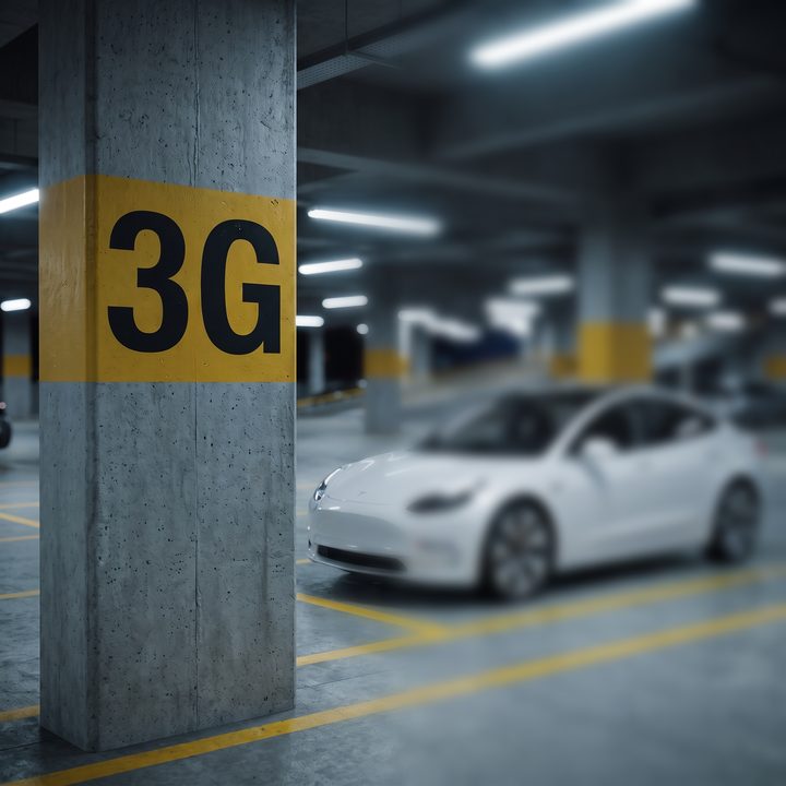A parking garage pillar marked 3G with a white car parked beside it