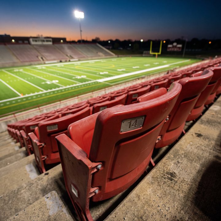 A red stadium seat numbered 14 overlooking a football field at night